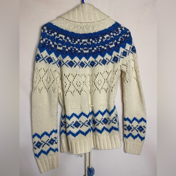 Moda International Draw String Cardigan Sweater, Cream, Silver, Blue, Size XS - Picture 2 of 6
